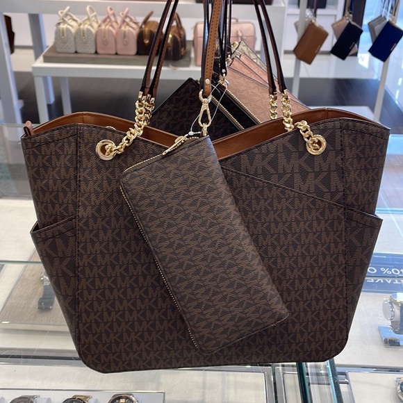 MICHAEL KORS LG X CHAIN SHOULDER TOTE &  JST Large Travel CONTINENTAL Wallet - Picture 5 of 16